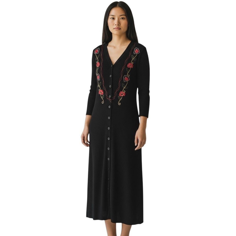 VTG 90s‎ Karin Stevens Petites M Midi Sweater Dress Floral Embroidered Buttons